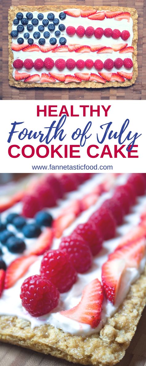 This Healthy Fourth of July Cookie Cake is perfect for a healthy addition to your patriotic spread. It's easy to make, festive, and so delicious! | healthy 4th of july recipes | healthy july 4th recipes | healthy dessert recipes | patriotic dessert recipes | 4th Of July Food, 4th Of July Recipes, Memorial Day Foods, Fourth Of July Cakes, Patriotic Desserts, July Recipes, Finger Foods Easy, Cookie Cake Recipe, Fourth Of July Food