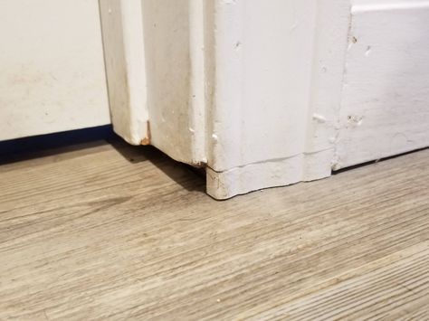 flooring - Closing gap around floor transition strip and door trim - Home Improvement Stack Exchange Carpet And Wood Floor Transition, Door Transition Ideas, Floor Transition Ideas, Floor Transition Strip, Base Shoe Molding, Floor Skirting, Floor Transition, Transition Flooring, Floor Moulding