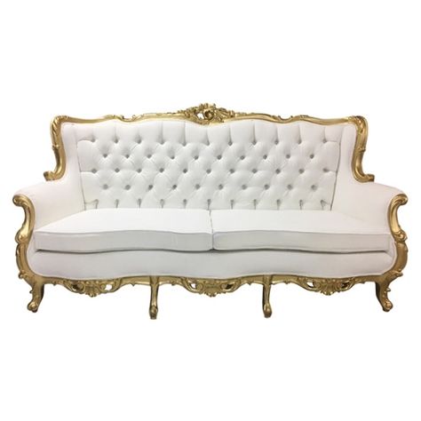 Daniela Sofa || Beautifully restored tufted vintage sofa with bright white fabric and gold frame. Dimensions: 83 x 36 x 45 1/4 Organising Home, Classic Couch, Sofa Styles, Victorian Sofa, Blue Gold Wedding, Vintage Couch, Bridesmaid Outfits, Cool Couches, Bedroom Couch