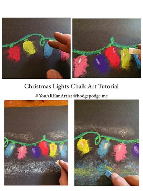 Christmas Lights Art, Christmas Lights Drawing, Beautiful Christmas Lights, Christmas Art For Kids, Holiday Art Projects, Winter Art Lesson, Chalk Pastel Art, Light Art Installation, Christmas Art Projects