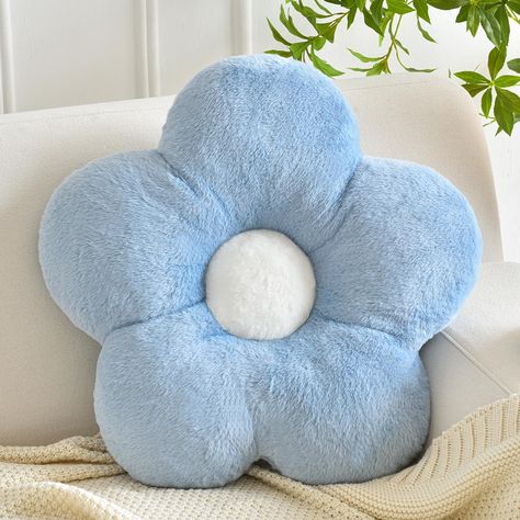 Cute Bed Throw Pillows, Cute Blue Pillows, Cute Room Decor Pastel, Blue Flower Pillow, Gray Yellow Blue Living Room Decorating Ideas, Colorful Bed Pillows, Blue Pillows Aesthetic, Blue And Grey Room Decor, Dorm Room Decor Inspiration