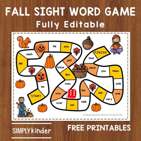 Free printable sight word game for kindergarten kids. This free fall themed game is fully editable and perfect for fall literacy centers. Fall Literacy Centers, Editable Sight Word Games, Game For Kindergarten, Word Games For Kids, Writing Sight Words, Thanksgiving Games For Kids, Sight Words Printables, Fall Words, Free Games For Kids