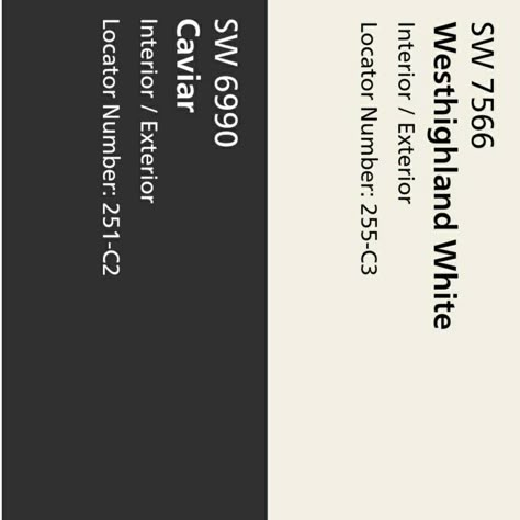 Sherwin Williams Westhighland white and caviar black Caviar Black Sherwin Williams, Caviar Color Palette, Perle Noir Sherwin Williams Exterior, Sw Caviar Exterior, Caviar Paint Sherwin Williams, Sherwin Williams Caviar Exterior, Sherwin Williams White And Black Exterior Paint, Tri Corn Black Sherwin Williams Exterior, Caviar Sherwin Williams