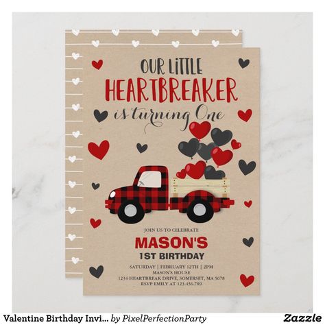 February Birthday Party Ideas, Valentines Birthday Party, Blue Truck, Blue Invitation, Valentine Theme, February Birthday, Turning One, Valentine Birthday, Valentines For Boys