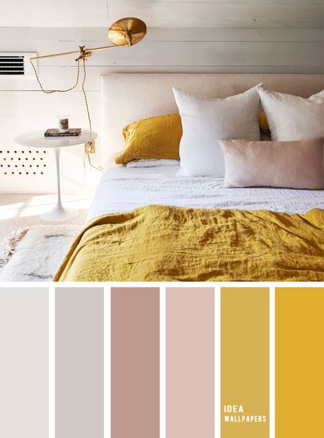 Mustard Bedroom, Beautiful Bedroom Colors, Design Ložnic, Best Color Schemes, Color Schemes Design, Bedroom Colour Palette, Bedroom Light, Grey Color Palette, Yellow Bedroom