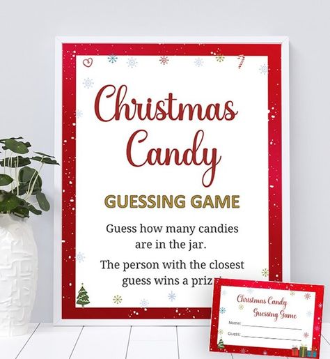 Christmas Candy Guessing Game | Holiday Party Game Printable Guess How Many In A Jar Christmas Printable Free, Guessing Jar, Holiday Party Game, Jar Games, Fun Holiday Games, Candy Guessing Game, Christmas Coupons, Work Christmas Party, Christmas Kiss