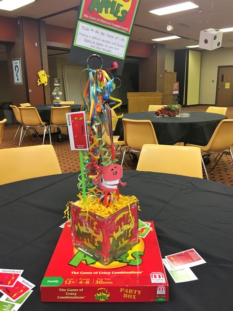 Broadway Church of Christ Senior Sunday Board Games & Monopoly Theme. Game Centerpieces Ideas, Game Night Table Decorations, Gaming Centerpieces, Game Decorations, Monopoly Theme, Monopoly Party, Board Game Themes, Graduation Games, Senior Sunday