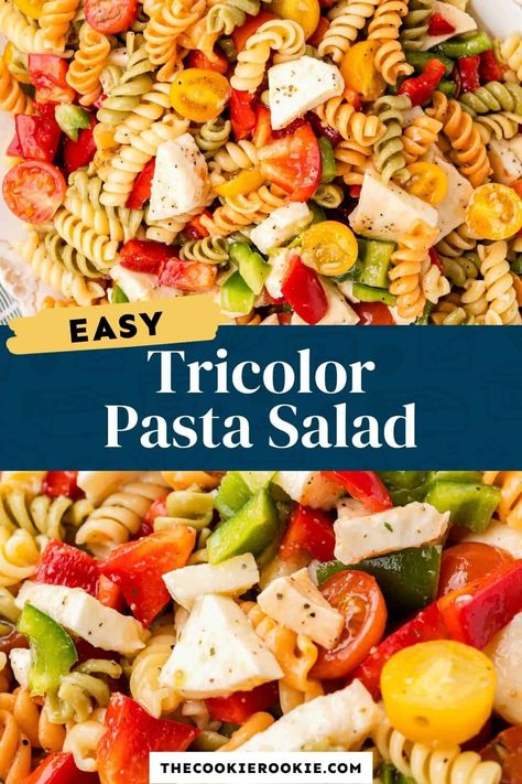 Tricolor Pasta Salad, Rainbow Pasta Salad, Tri Color Pasta Salad, Rotini Pasta Recipes, Rotini Pasta Salad, Tri Color Pasta, Antipasto Pasta Salads, Feta Pasta Salad, Veggie Pasta Salad