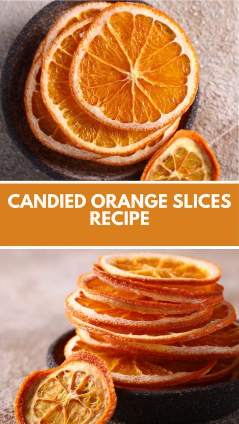 Candied Orange Slices recipe made of fresh oranges, sugar, and water creates a deliciously sweet treat this recipe serves 28 and takes about 2 hours to prepare and cook, making it a perfect addition to desserts or snacks. Sugared Citrus Slices, Dehydrated Orange Slices Dipped In Chocolate, Chocolate Covered Orange Slices, Dehydrated Candied Orange Slices, How To Make Candied Orange Slices, Bake Orange Slices, Candies Oranges, Fresh Orange Desserts, Fresh Orange Recipes