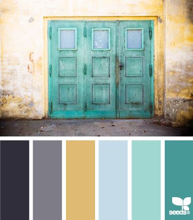 Palettes Color, Yellow Colour Scheme, Room Color Schemes, Hallway Ideas Colour, Color Palate, Design Seeds, Teal And Grey, Gray Design, Bathroom Colors