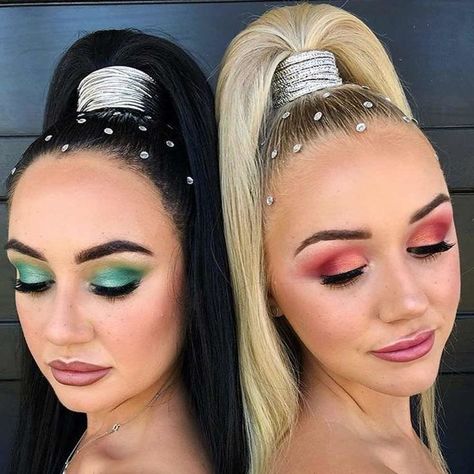 High Ponytail Accessories, Cheer Hairstyles Competition, Space Ponytails, High Ponytail With Rhinestones, Dance Ponytail Hairstyles, Commercial Hairstyles, Half High Ponytail, Perfect High Ponytail, Aerial Photoshoot