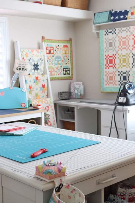 Sewing Room Ideas and Organization - A Quilting Life Sew Room Ideas, Small Sewing Room Design Layout, How To Organize Sewing Room, Ikea Quilting Room Ideas, Garage Sewing Room Ideas, Sewing Room Chair, Sewing Room Art, Dream Sewing Room, Quilting Studio Sewing Spaces