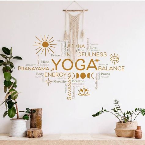 Boho Yoga Room, Yoga Meditation Space, Home Yoga Room, Yoga Shala, Yoga Room Decor, Gym Wall Decor, Gym Wall Decal, Wall Stickers Quotes, Yoga Studio Design