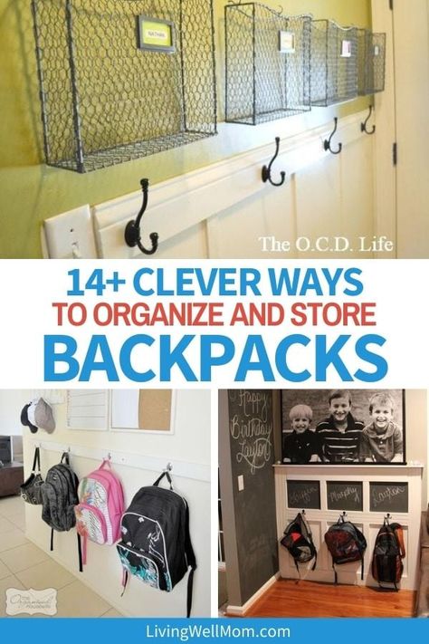 School Bag Hook Ideas, Backpack And Coat Storage, Backpack Spot At Home, Small Backpack Hanging Ideas, Backpack Wall Ideas, Backpack Coat Storage, Diy Bookbag Holder, Mudroom School Organization, Command Center Backpacks