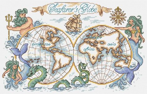 Maria Diaz Designs: Seafarers Globe Cross Stitch Map, Mermaid Cross Stitch, Mermaid Pattern, Nature Cross Stitch, Cross Stitch Books, Stitch Book, Cross Patterns, Cross Stitch Cards, Free Cross Stitch