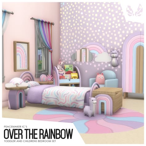 Over the Rainbow - A Child and Toddler Bedroom | Peacemaker_ic on Patreon Rainbow Kids Bedroom, Sims 4 Pack, The Sims 4 Pack, Mods Sims 4, Sims 4 Bedroom, Sims 4 Clutter, Growing Together, Toddler Bedroom, Sims 4 Children