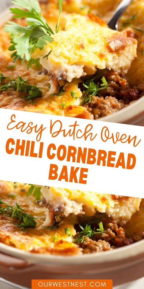 Make this easy and delicious Dutch oven chili with cornbread topping! It's a simple chili recipe with a baked on crust and one of the best Dutch oven recipes for camping, easy meals, and family dinner ideas. It's so much better than a classic chili recipe and has beans, diced chilis, onions, tomatoes, spices and you can add ground beef if you like that, too! Chili With Cornbread Topping, Dutch Oven Recipes For Camping, Simple Chili Recipe, Chili With Cornbread, Dutch Oven Chili, Easy Dutch Oven Recipes, Dutch Oven Soup, Cornbread Topping, Simple Chili