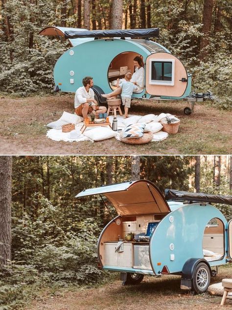 Lithuania-based startup TinyCamper has come up with MINI, a compact teardrop trailer that packs features needed for a comfortable camping experience. Actually, this camper is handcrafted to the particular needs of a client to ensure its usefulness and practicality. It can comfortably fit 3 people – 2 adults and 1 child, the official website states. Teardrop Camper Interior Ideas, Mini Trailer Camper, Diy Trailer Camper, Teardrop Camper Interior, Tiny Camper Trailer, Mini Campers, Diy Teardrop Trailer, Mini Caravan, Small Camper Trailers