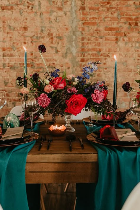 Whimsical Jewel Tone Wedding, Jewel Toned Wedding Table Settings, Jewel Tone And Pastel Wedding, Jewel Tone Reception Decor, Teal And Berry Wedding, Jewel Tone Wedding Aisle, Gem Colored Wedding, Jewel Tone Birthday Party, Bright Jewel Tone Wedding