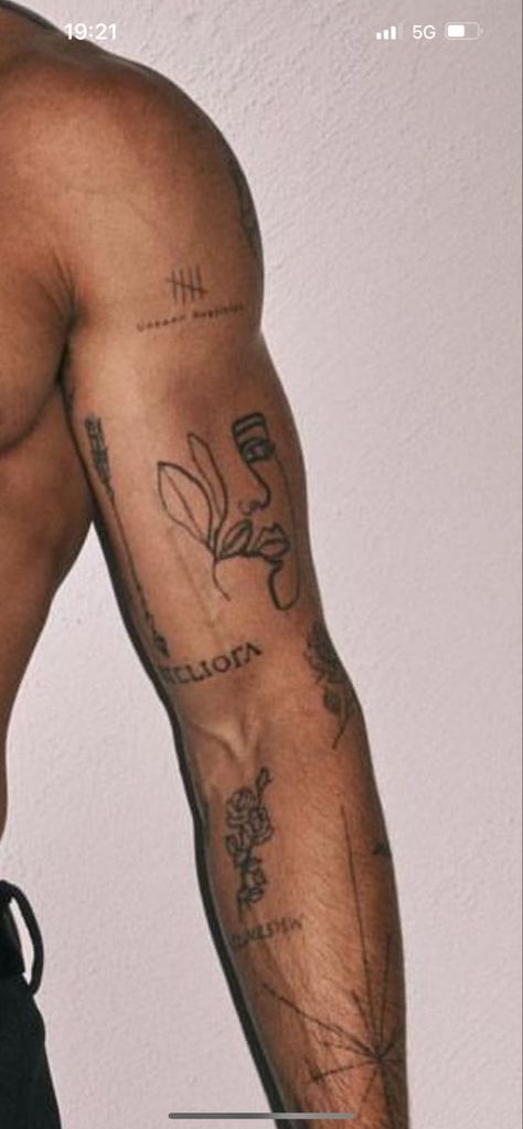 Mens Leg Tattoo Calves, Trend Tattoo Men, Arm Text Tattoo Men, Patchwork Bicep Tattoo, Astetic Tattoos For Men, Bottom Arm Tattoo, Mens Fineline Tattoo, Men Trap Tattoo, Minimal Arm Tattoo Men