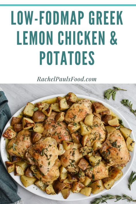 Low-FODMAP Sheet Pan Greek Lemon Chicken and Potatoes; Gluten-free, Dairy-free | Dr. Rachel Pauls Low Fodmap Crockpot Chicken, Low Fodmap Chicken Crockpot Recipes, Low Fodmap Baked Chicken, Low Residue Recipes, Low Fodmap Chicken Salad, Greek Lemon Chicken And Potatoes, Low Fodmap Chicken Recipes, Fodmap Chicken Recipes, Lemon Chicken And Potatoes