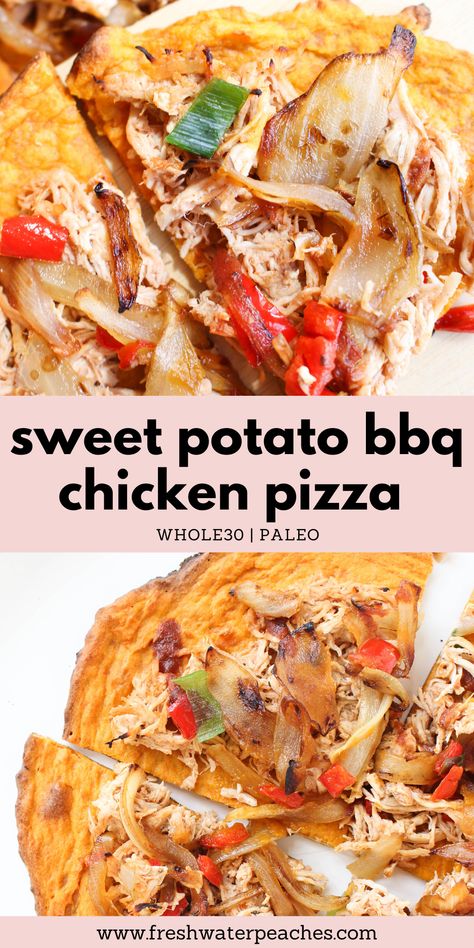 Whole 30 Pizza Recipes, Whole 30 Pizza Crust, Whole 30 Bbq Chicken, Whole 30 Pizza, Bbq Chicken Sweet Potato, Whole30 Pizza, Potato Pizza Crust, Clean Eating Pizza, Sweet Potato Crust