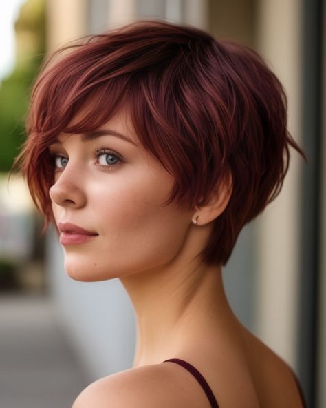 20 Burgundy Pixie Hairstyles to Inspire Your Next Bold Look "bixie" Haircut 2022 Red, Pixie Red Hair, Short Red Hair With Bangs, Red Bobs, Red Hair Pixie Cut, Burgundy Pixie, Short Burgundy Hair, Red Pixie Haircut, Red Hair Short