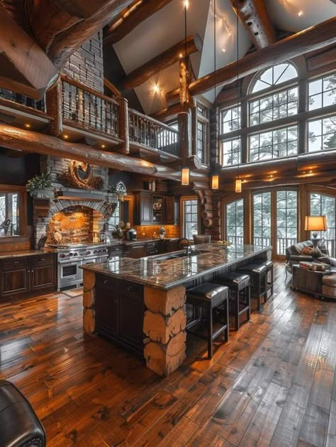 Rustic House Interior Kitchen, Western Houses, Cabin Mansion, Log Cabin Interior, Pole Barn House Plans, Dream Life House, Rustic Home Design, Unique House Design, Log Cabin Homes