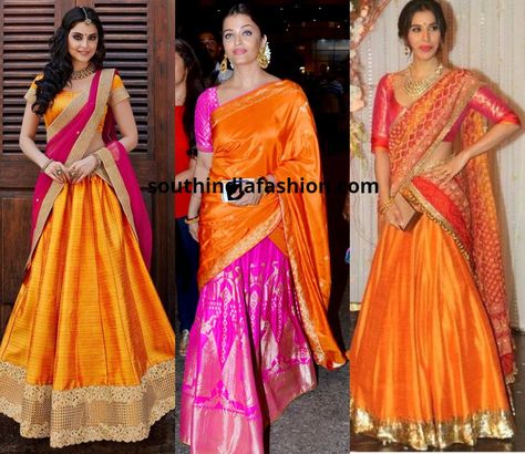 orange pink half saree photo Half Saree Color Combinations, Lehenga Color Combinations, Pink Half Sarees, Indian Dresses For Kids, Saree Color Combinations, Orange Color Combinations, Orange Lehenga, Combination Dresses, Simple Lehenga