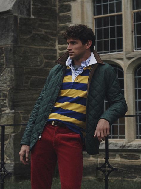 Rugby Men Outfit, Women Rugby Shirt Outfit, Rugby Polo Outfit, 80s Ivy League Style, 1960s Ivy League Style, Blue Blazer Outfit Men, Men’s Rugby Shirt Outfit, Quilted Jacket Outfit, Blue Blazer Outfit