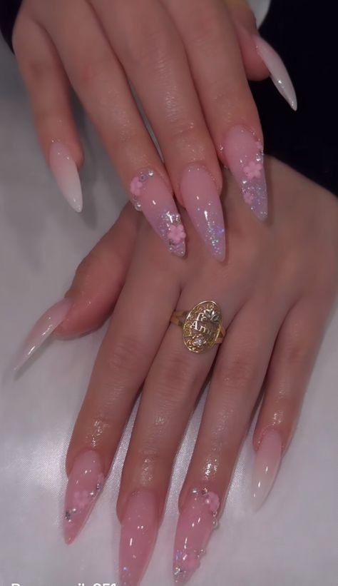 Long Delicate Nails, Chic Summer Nails Classy, Cute Korean Nails Almond, Medium Long Almond Nails, Encapsulated Almond Nails, Almond Graduation Nails, Clear Almond Nails Acrylics, Pink French Ombre Nails, Pink And White Nails Almond