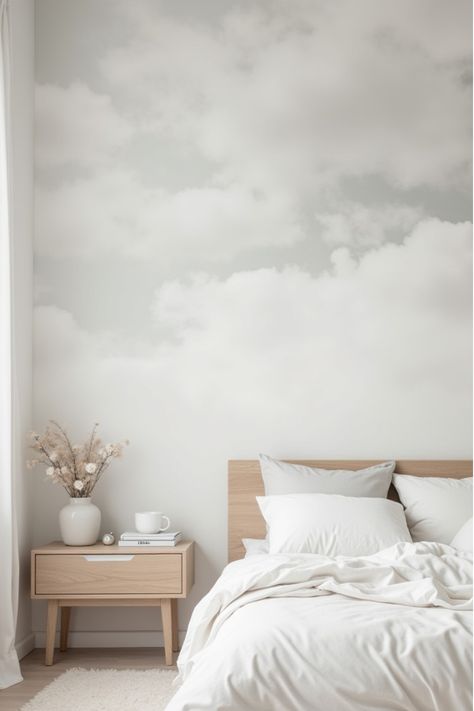 Soft cloud-like wallpaper in white and light gray tones Cloud Wallpaper Bedroom, Bedroom Wallpaper Ideas, Biophilic Design, Bedroom Wallpaper, Sanctuary Bedroom, Relaxing Bedroom, Gray Tones, Cloud Wallpaper, Bedroom Retreat