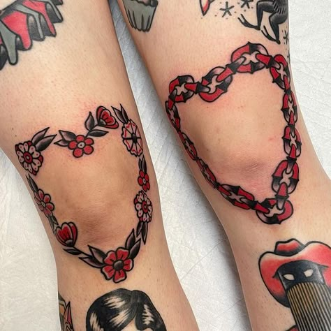 American Traditional Side Tattoo, Knee Heart Tattoo, Trad Knee Tattoo, Heart Knee Tattoo, Around Knee Tattoo, Traditional Knee Tattoo, Side Leg Tattoo, Traditional Back Tattoo, Traditional Tattoo Outline