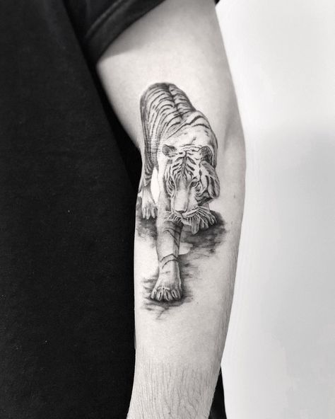 Geometric Tiger Tattoo, Tiger Tattoo Thigh, Tiger And Lion, Drake Tattoos, Tiger Eyes Tattoo, Tattoo Band, Piercings Ideas, Lion Tattoos, Tattoo Shading