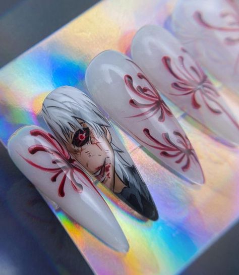 Anime Nail Inspiration, Anime Theme Nails, Maroon Halloween Nails, Manga Nail Art, Anime Inspired Nail Art, Spider Lily Nails, Tokyo Ghoul Nails Designs, Short Anime Nails, Inuyasha Nail Art