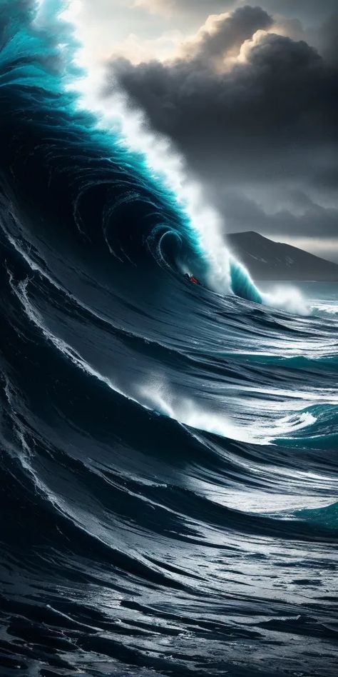 The image is a painting of a big wave. It is a very dark image, the wave is dark blue and the sky is black. The wave is crashing over a surfer. The surfer is in the middle of the wave and is barely visible. The wave is very powerful and looks like it is about to crash over the surfer. The image is very dramatic and captures the power of the ocean. Wave Crashing, Character Vibes, Dark Wave, Dark Images, Wave Painting, Big Waves, See Images, The Wave, Image Generator