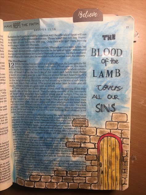 The first Passover. Exodus 12 -bible journalling. The blood of the lamb covers all our sins. Passover Exodus 12 Bible Journaling, Moses Bible Journaling, Exodus Bible Journaling, Illustration Bible, Bible Recap, Moses Exodus, Blood Of The Lamb, Exodus Bible, Bible Doodles