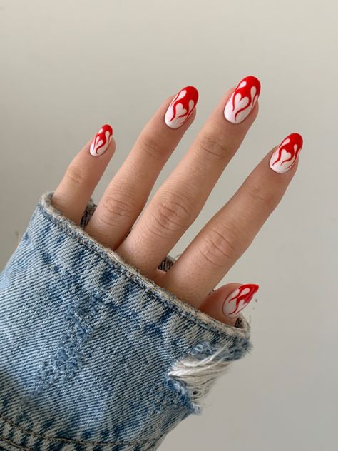 Nails White And Red, Fire Flame Nails, Flame Nails, Hearts On Fire, Amazing Nails, Fire Flame, Nails White, White And Red, On Fire