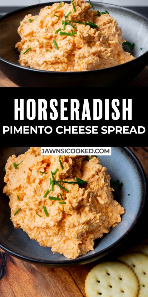 Cheesy Horseradish Spread, Cracker Spreads Recipes, Pimento Cheese With Jalapenos Recipe, Horseradish Cheese Spread, Recipes With Horseradish, Crockpot Party Food, Horseradish Dip, Horseradish Recipes, Pimento Cheese Recipe