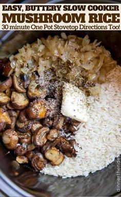 Slow Cooker Mushroom Rice made with mushrooms, caramelized onions and thyme is a deliciously buttery easy addition to your holiday meals! Stovetop directions too. Slow Cooker Mushroom Risotto, Rice Side Dish Recipes, Dinner Then Dessert, Mushroom Rice, Rice Cooker Recipes, Rice Side Dishes, Rice Dinner, Crockpot Dishes, Holiday Meals