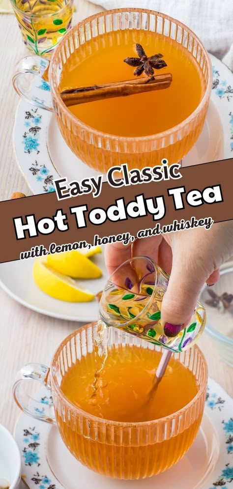 Discover how simple it is to make a hot toddy with chai tea. This easy hot toddy recipe blends the spices of chai with the healing properties of honey and lemon, topped off with a splash of whiskey to warm you from the inside out. Perfect for soothing a cough or just unwinding after a long day, this hot toddy recipe whiskey tea is both delicious and therapeutic. Hot Toddy With Tea, Hot Teas Recipes, Hot Toddy Recipe Whiskey, Hot Toddy Recipe For Cough, Hot Toddy Recipe With Tea, Tea Concentrate Recipe, Hot Toddy Recipe For Colds, Whiskey Tea, Hot Toddy Recipe