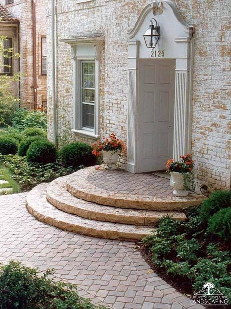 Paver Stairs Front Porches, Concrete Front Walkway, Round Brick Steps, Front Step Pavers Walkways, Rounded Brick Steps, Curved Steps To Front Door, Rounded Front Porch Steps, Curved Exterior Stairs, Rounded Front Porch