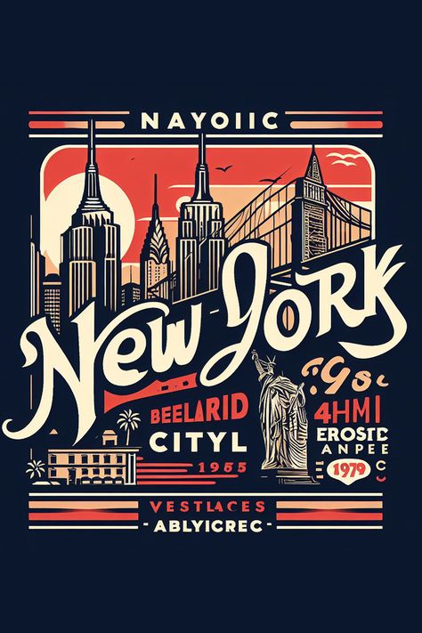 A bold design showcasing New York City's famous landmarks, including skyscrapers, bridges New York City Graphic Design, New York Graphic Design, City Graphic Design, Iconic New York, New York Logo, Scratchboard Art, Sticker Design Inspiration, T Shirt Logo Design, Typography Alphabet