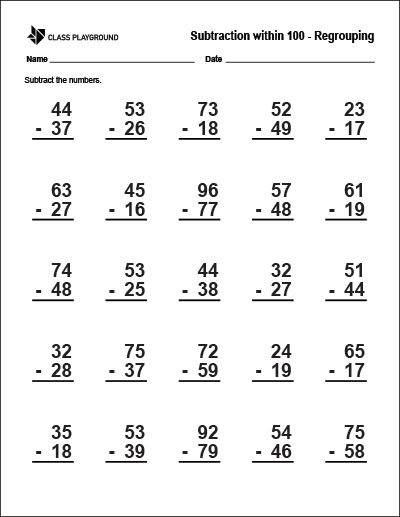 Printable Subtraction Within 100 With Regrouping Worksheet Regrouping Subtraction Worksheet, Maths Worksheet For Class 1, Subtraction With Regrouping Worksheets, Math Subtraction Worksheets, Easy Math Worksheets, Subtraction With Regrouping, Worksheets For Class 1, Math Addition Worksheets, Math Subtraction