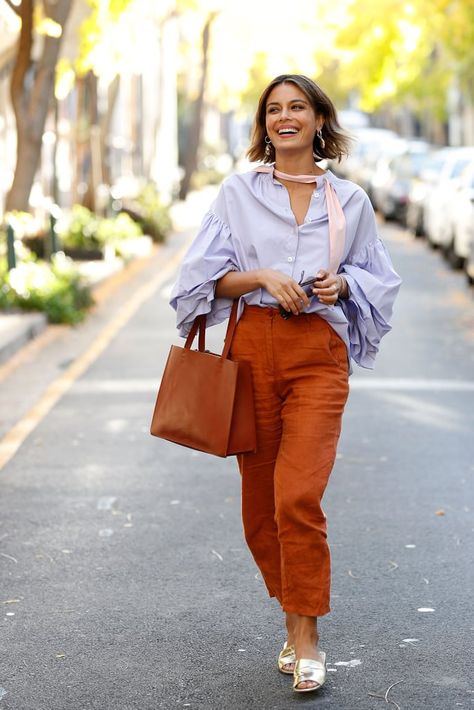 How to Wear High Waisted Pants | POPSUGAR Fashion Pantalon Orange, Nathalie Kelley, Linen Pants Outfit, Orange Pants, Cool Summer Outfits, Popsugar Fashion, Brown Pants, High Waisted Trousers, Work Fashion