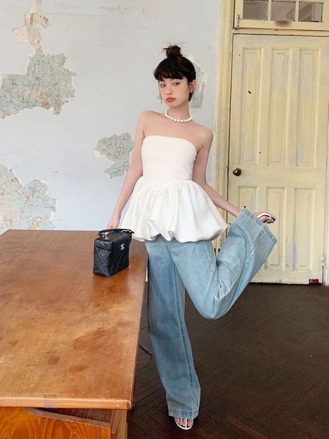 Tube And Pants Outfit, Casual A Line Skirt Outfit, Styling Peplum Top, Denim With White Top, Satin Peplum Top, Cute Tops To Wear With Skirts, Cute Satin Tops, Peplum Tube Top Outfit, Pants With Skirt Outfit