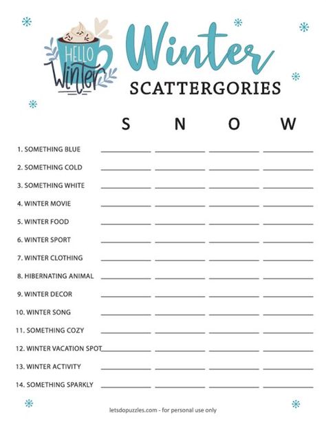 Free Printable Winter Scattergories Scattegories For Kids, Scattergories Lists Printable Free, Scategories Lists, Winter Scattergories, Christmas Scattergories Free Printable, Winter Language Activities, Scattergories Lists, Christmas Scattergories, Winter Worksheet