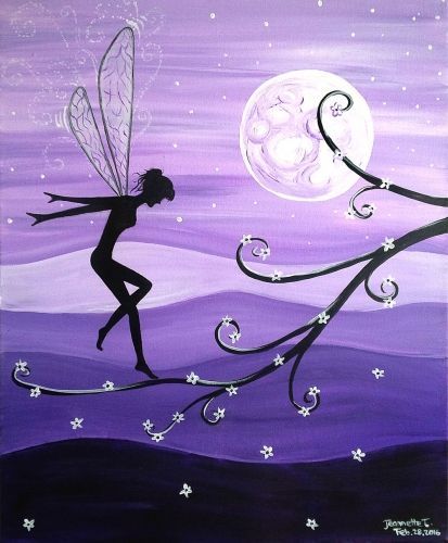 Community School, Purple Fairy, Fairy Silhouette, Fairy Paintings, Silhouette Painting, Paint Nite, Night Painting, Silhouette Art, Painting Class