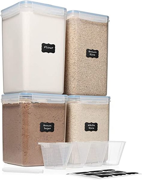 Extra Extra Large 6.5L x 2 & EXTRA LARGE 5.2L x 2 - WIDE & DEEP Food Storage Airtight Containers [Set of 4] + Free 4 Measuring Cups + Labels - Ideal for Sugar, Flour Leakproof BPA Free Clear Plastic Large Food Storage Containers, Flour Storage, Large Storage Containers, Pantry Containers, Pantry Storage Containers, Sugar Storage, Cereal Containers, Food Storage Container Set, Clear Container