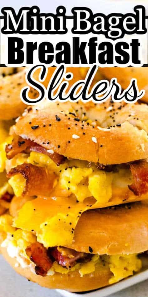 Stacked mini bagel sandwiches. Bacon Egg And Cheese Bagel Meal Prep, Cream Cheese Breakfast Sandwich, Bagel Breakfast Sliders, Mini Bagel Breakfast Sliders, Blueberry Waffles Recipe, Cream Cheese Breakfast, Bagel Breakfast Sandwich, Breakfast Sides Dishes, Breakfast Slider